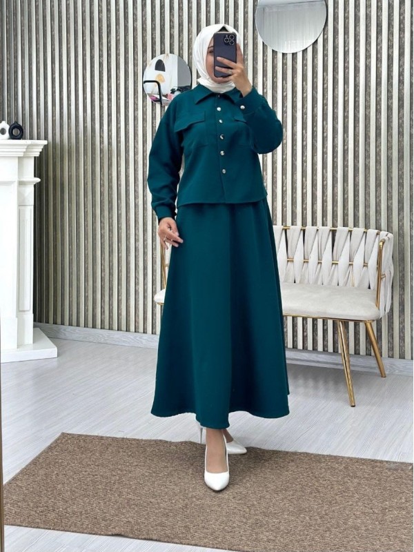 Duble Kumaş Gömlek Etek İkili Takım  -Zümrüt
