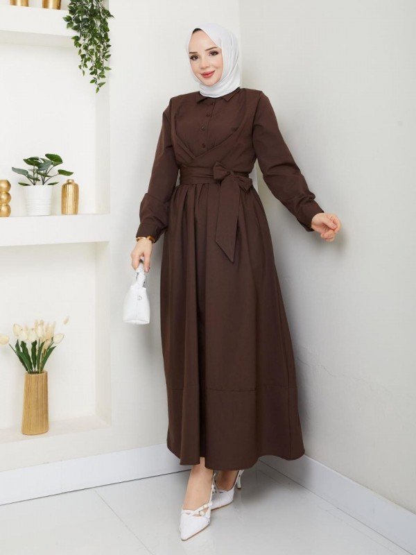 Kuşaklı Düğmeli Maksi Gömlek Elbise -Kahve