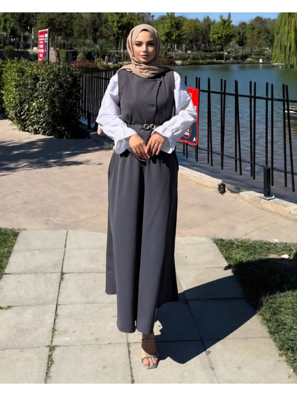 Düğmeli Asimetrik Yelek Kiloş Etek İkili Takım Kumaş Duble   -Füme