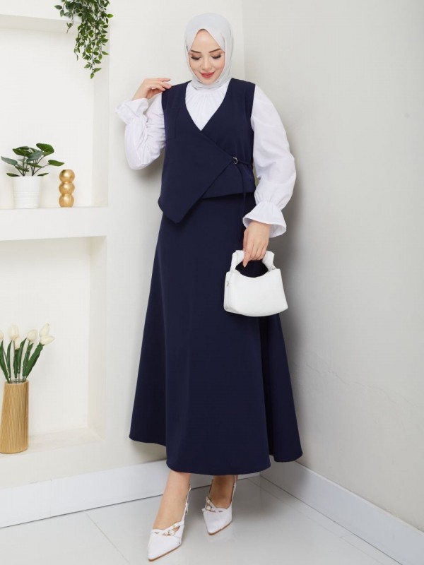 Asimetrik Yelek Detaylı Duble Kumaş İkili Takım  -K.Laci