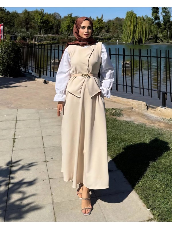 Düğmeli Asimetrik Yelek Kiloş Etek İkili Takım Kumaş Duble   -Bej