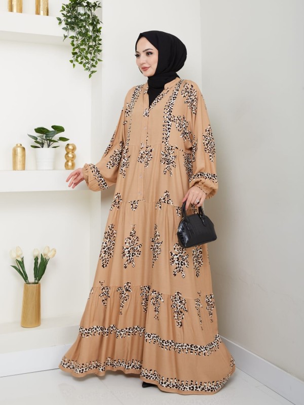 Desenli Düğmeli Viskon Kumaş Elbise  -Somon