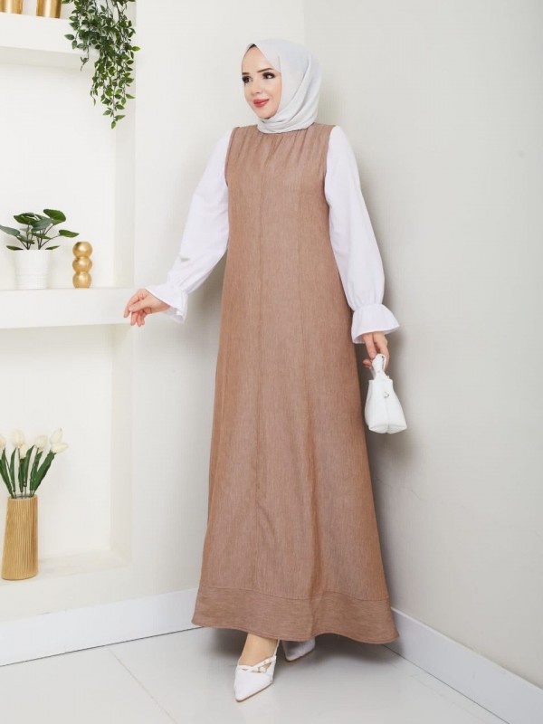 Bisiklet Yaka Kolsuz Ferace Görünümlü Tesettür Elbise -Vizon