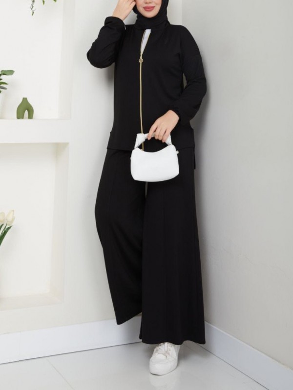 Boydan Fermuarlı Kol Ucu Lastikli Tunik Beli Lastikli Salaş Pantolon İkili Oysho Kumaş Takım  -Siyah