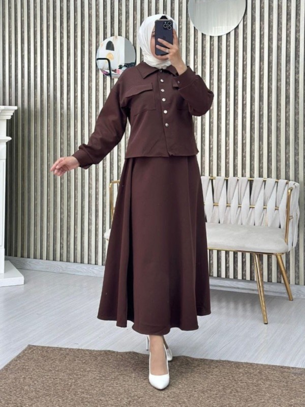 Duble Kumaş Gömlek Etek İkili Takım  -Kahve