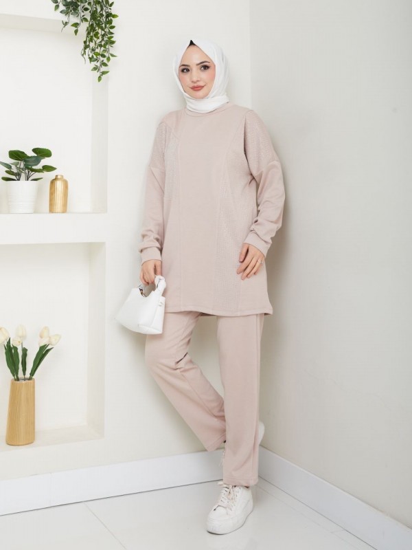 Taş Detaylı Oversize İkili Takım -Krem