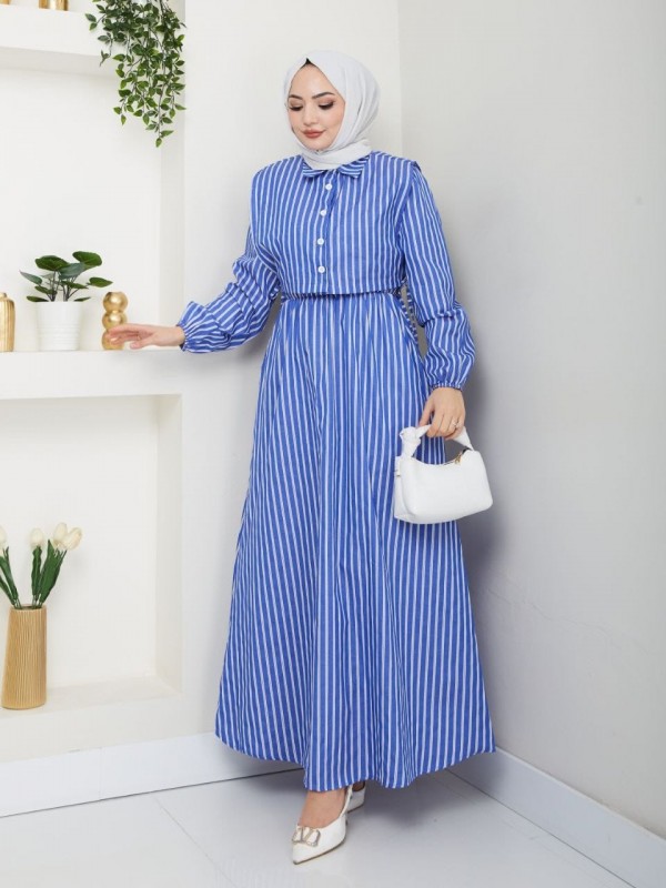 Çizgili Kumaş Düğmeli Yelekli Elbise  -Mavi