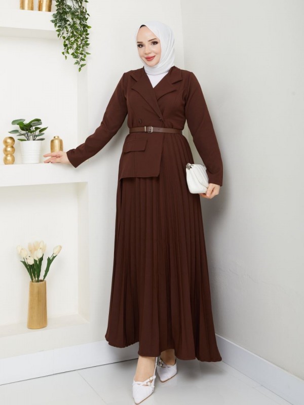 Kruvaze Ceket Detaylı Piliseli Etekli İkili Takım -Kahve