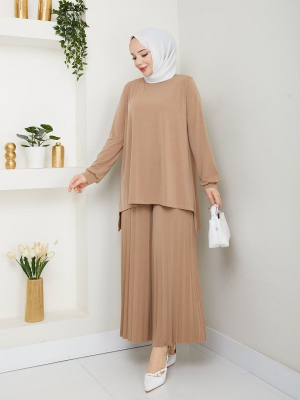 Sandy Kumaş Pilise Pantolonlu Takım -Vizon