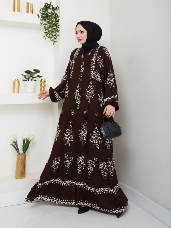 Desenli Düğmeli Viskon Kumaş Elbise  -Kahve