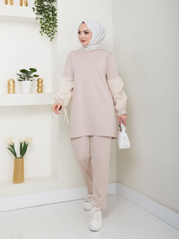 Kumaş Çizgili Poplin Kumaş Garnili Pantolon Tunik Takım  -Taş