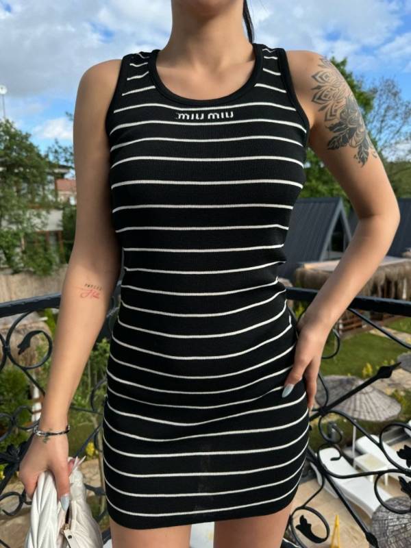 Çizgili Triko Mini Elbise -Siyah