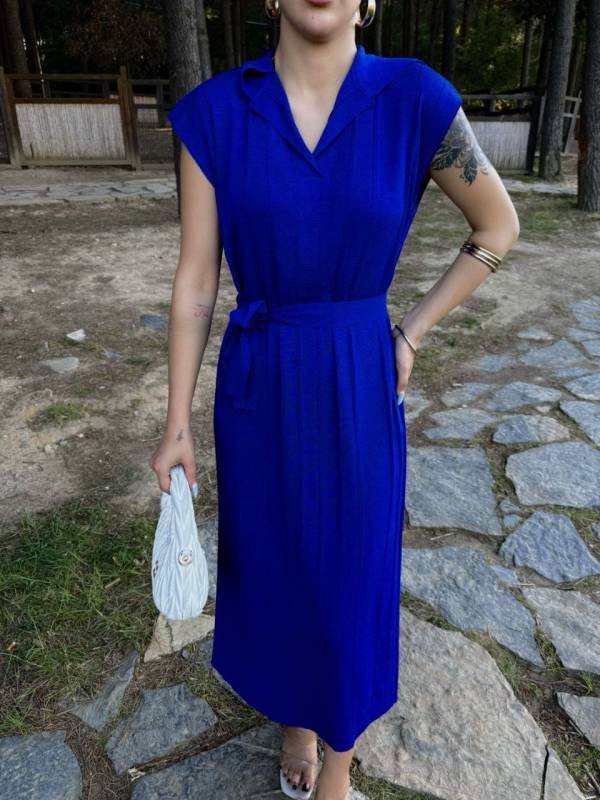 Polo Yaka İnce Çizgili Triko Elbise -Saks