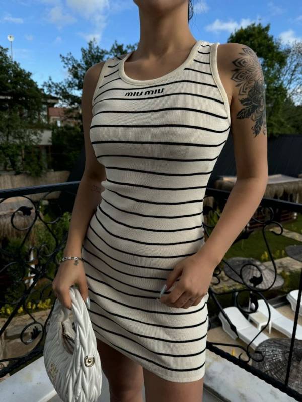 Çizgili Triko Mini Elbise -Ekru
