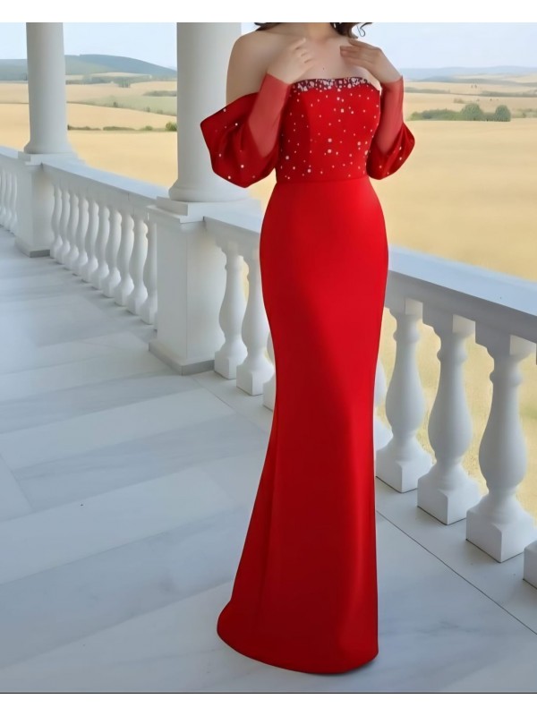 Straplez Düşük Kol İnci Detaylı Scuba Kumaş Elbise -Kırmızı