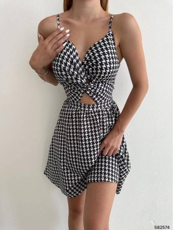 Desenli ince Askılı Scuba Krep Elbise  -siyah