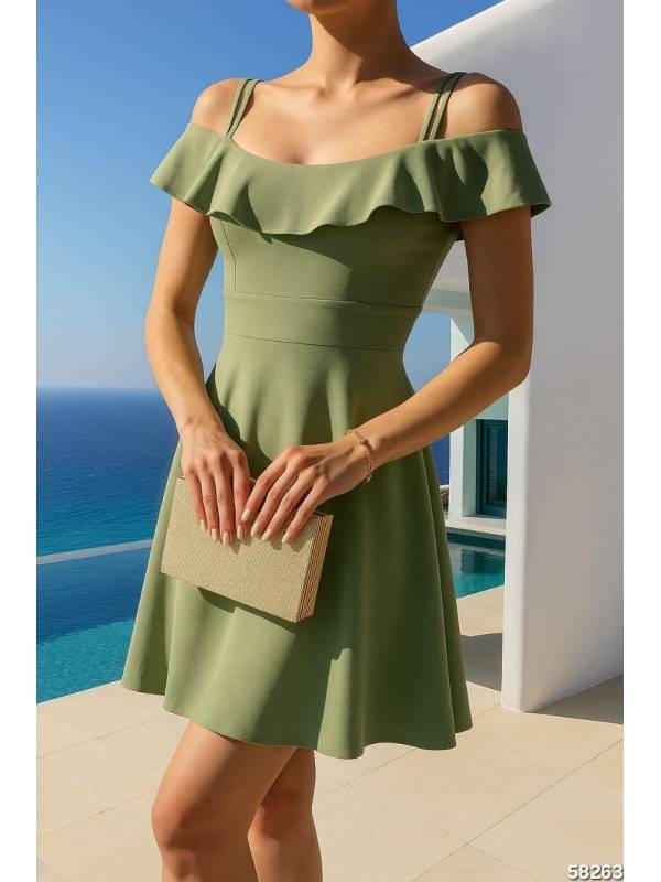 Omuz Dekolteli Çift Askılı Fırfır Detaylı  Mini Elbise -Haki