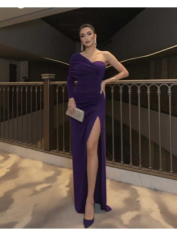 Tek Omuz Büzgü Detay Yırtmaçlı Flowers  Kumaş Elbise -Mor