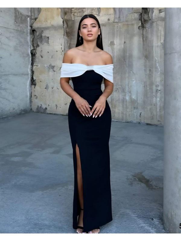 Straplez Garni Taş Detaylı Scuba Krep Kumaş Elbise -siyah