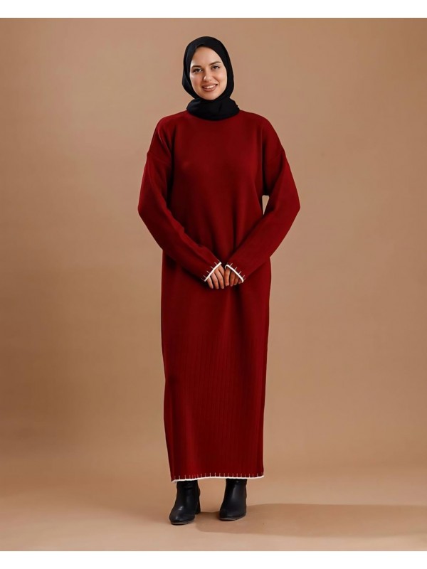 Kol Ağzı Etek Kısmı Dikiş Detay Boy Triko Elbise -Bordo