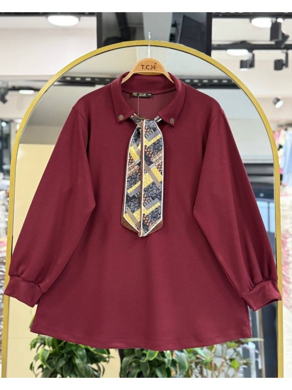 Fular Detaylı Oysho Kumaş Tunik -Bordo