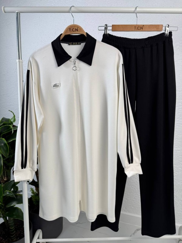 Garni Detaylı Boydan Fermuarlı Polo Yaka Tunik Beli Lastikli Pantolon Oysho Kumaş İkili Takım -siyah