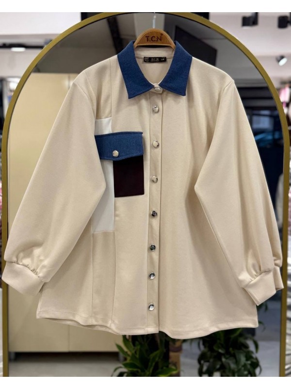 Boydan Düğmeli Garni Detaylı Oysho Kumaş Tunik -Ekru