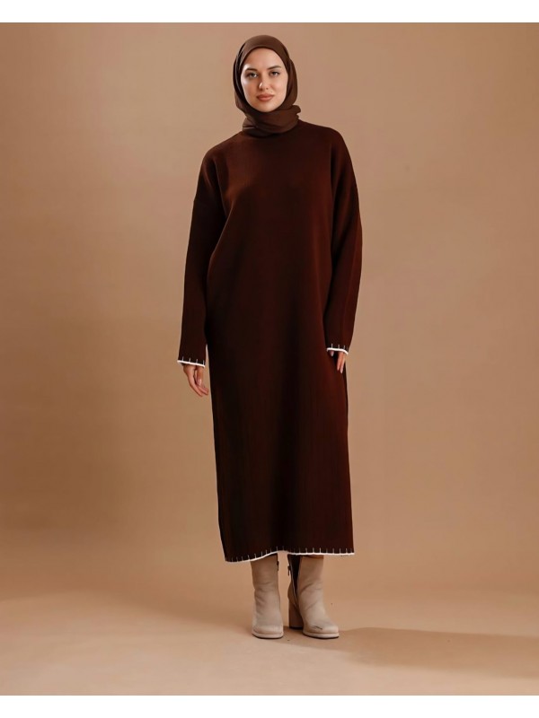 Kol Ağzı Etek Kısmı Dikiş Detay Boy Triko Elbise -Kahve