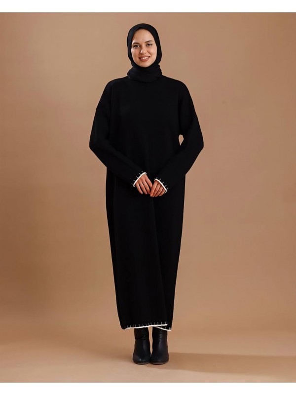 Kol Ağzı Etek Kısmı Dikiş Detay Boy Triko Elbise -siyah