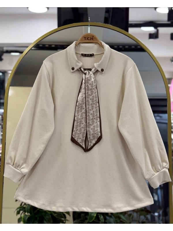 Fular Detaylı Oysho Kumaş Tunik -Krem