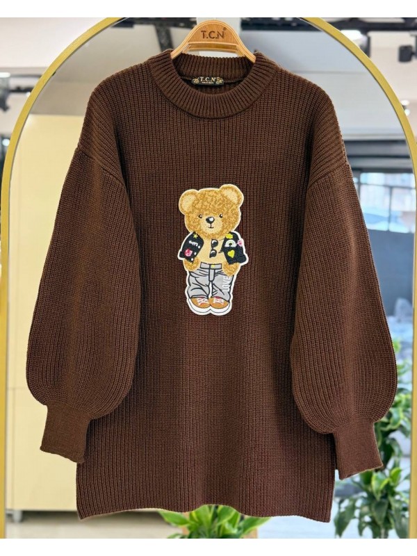 Bisiklet Yaka Ayıcık Nakışlı Triko Kazak -Kahve