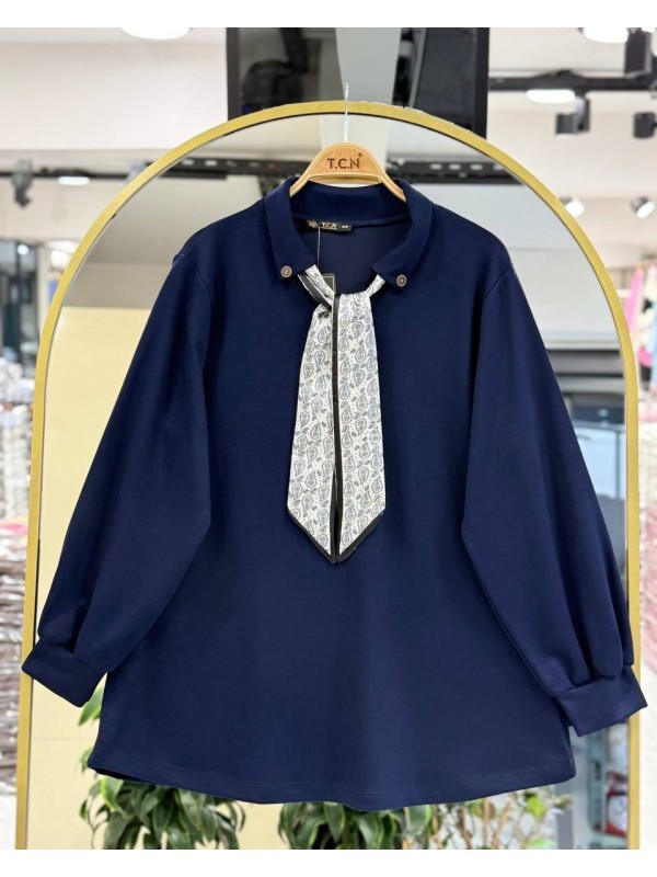 Fular Detaylı Oysho Kumaş Tunik -Lacivert