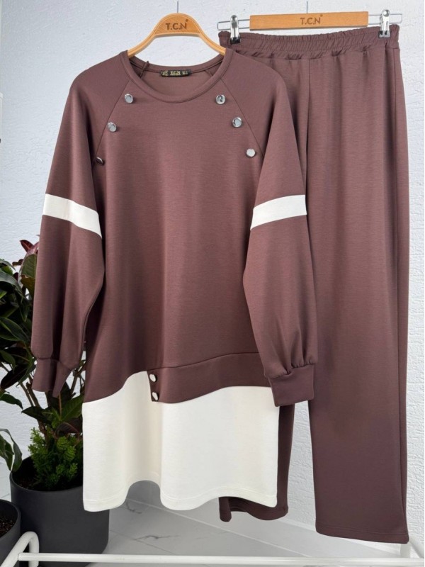 Garnili Düğme Detay Tunik İkili Oysho Takım -Açık Kahve