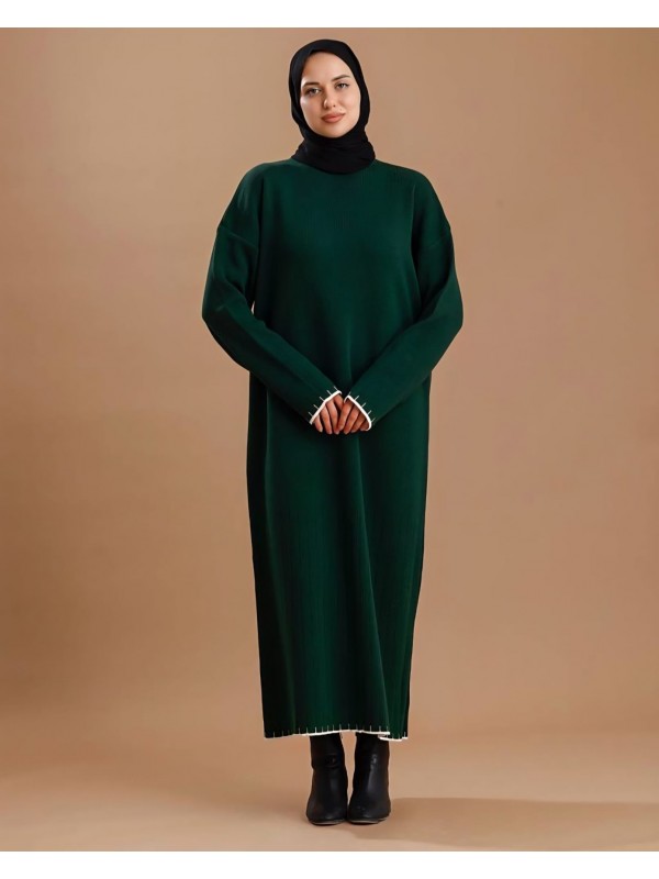 Kol Ağzı Etek Kısmı Dikiş Detay Boy Triko Elbise -Zümrüt