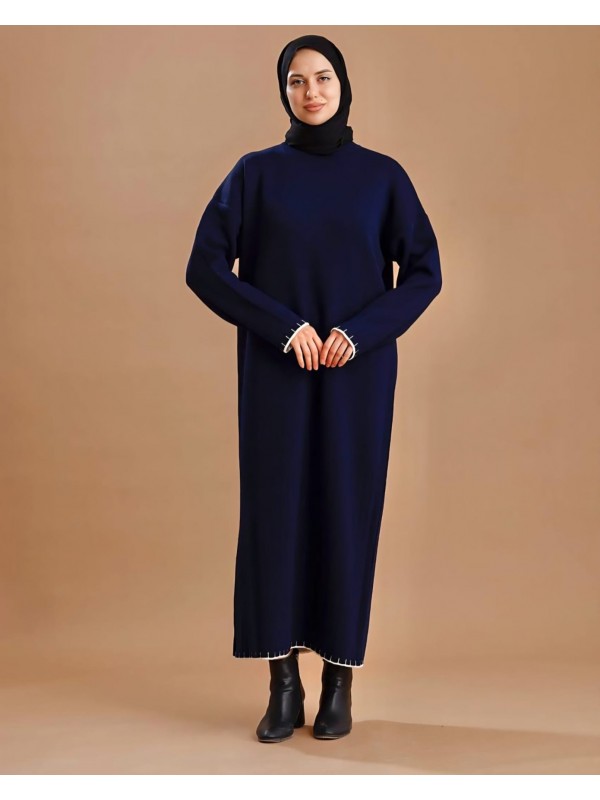 Kol Ağzı Etek Kısmı Dikiş Detay Boy Triko Elbise -Lacivert