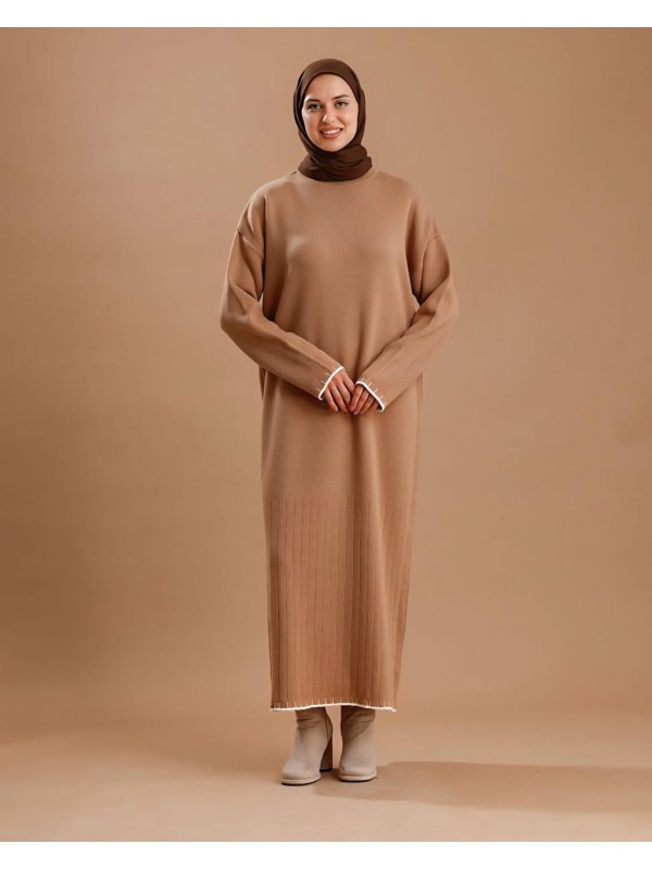 Kol Ağzı Etek Kısmı Dikiş Detay Boy Triko Elbise -Vizon