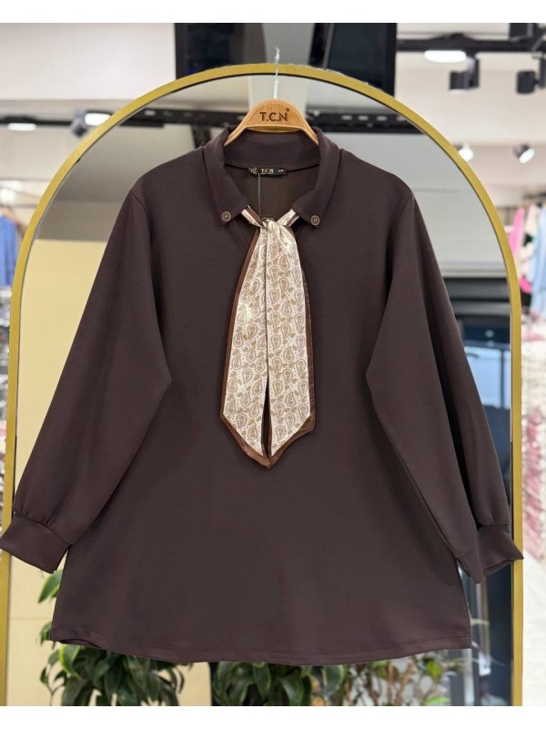 Fular Detaylı Oysho Kumaş Tunik -Kahve