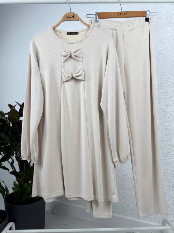 Fiyonk Detaylı Tunik Lastikli Pantolon Oysho Kumaş İkili Takım -Krem