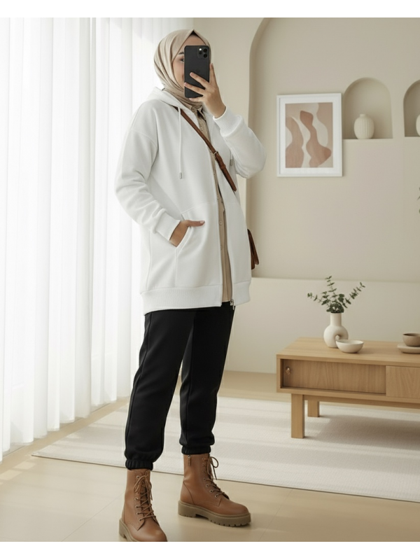 Kapşonlu Cepli Fermuarlı Şardonlu Sweat -Beyaz