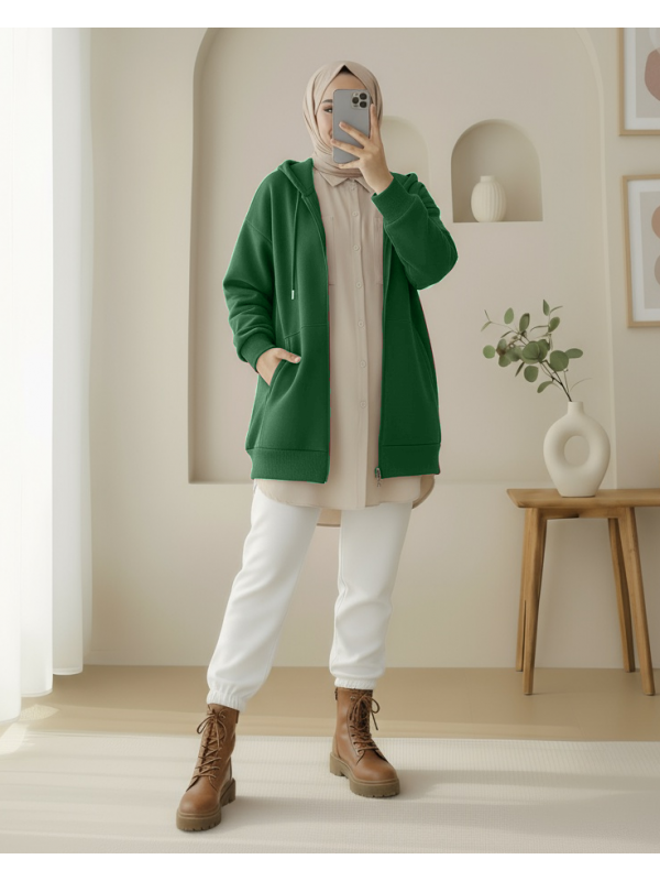 Kapşonlu Cepli Fermuarlı Şardonlu Sweat  -Zümrüt