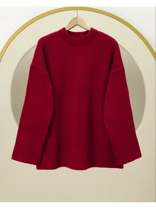 Bisiklet Yaka Eteği Fitilli Salaş Triko Kazak         -Kırmızı