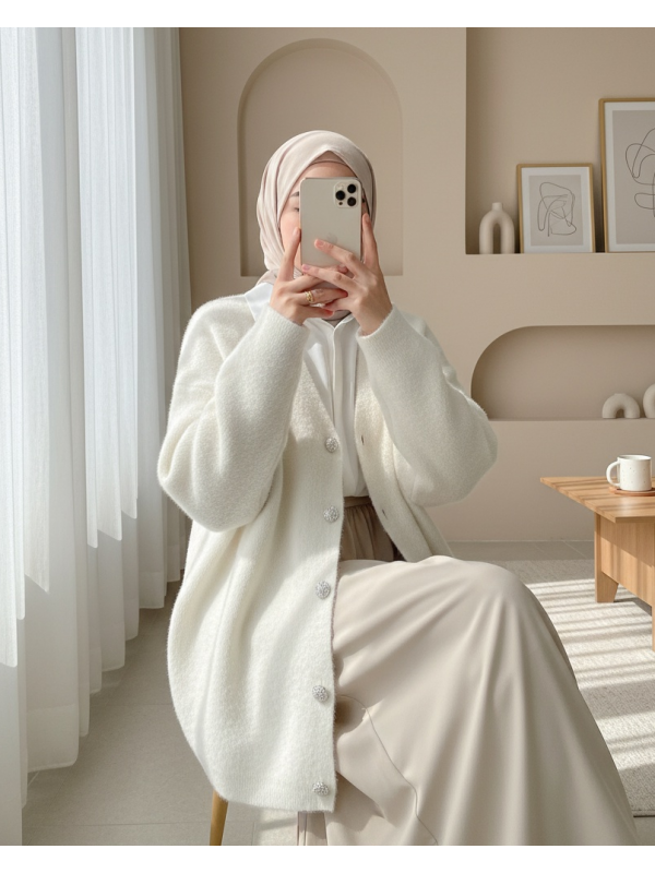 Önü Düğmeli Sakallı Salaş Triko Hırka -Ekru