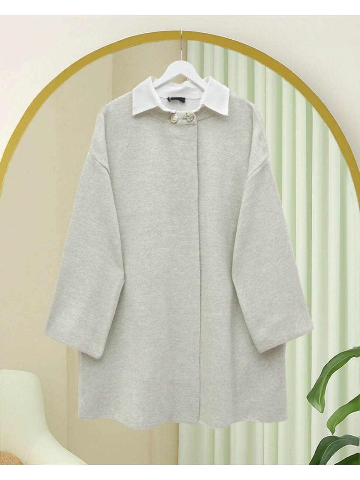 Çift Düğmeli Salaş Triko Panço -Taş