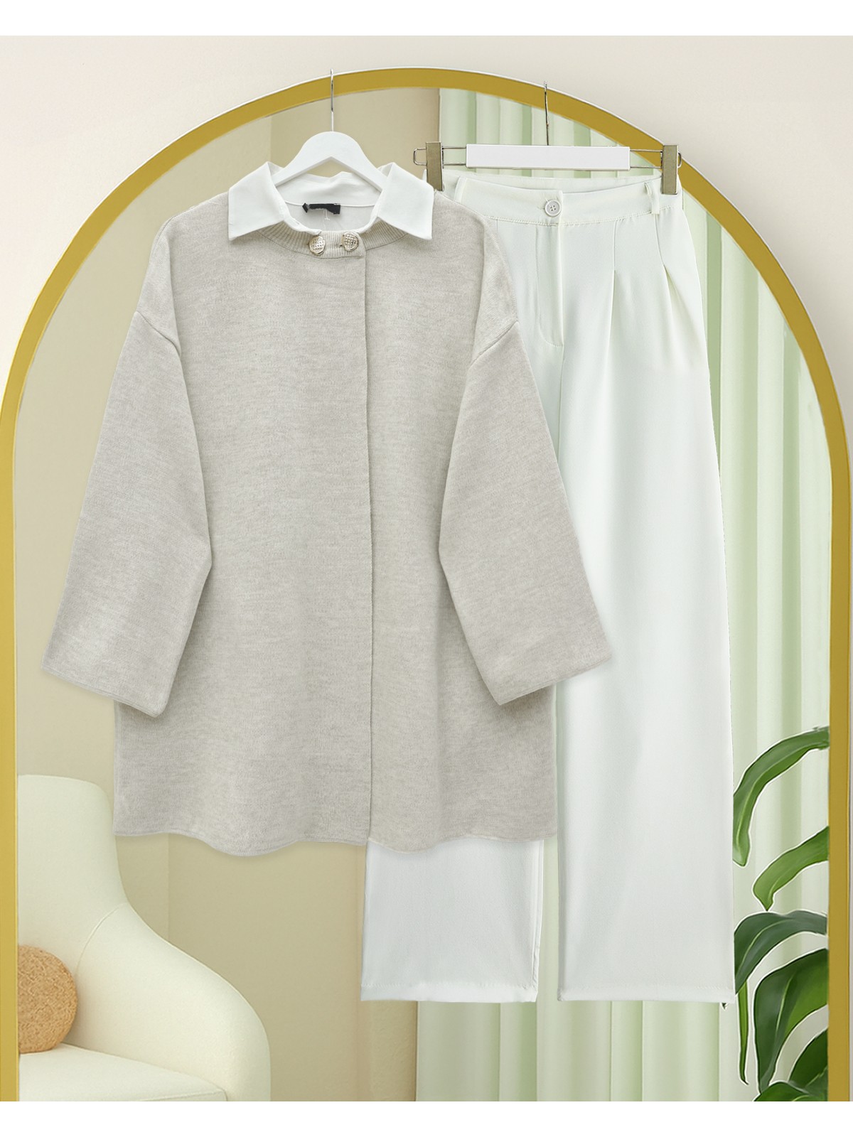 Çift Düğmeli Salaş Triko Panço -Taş