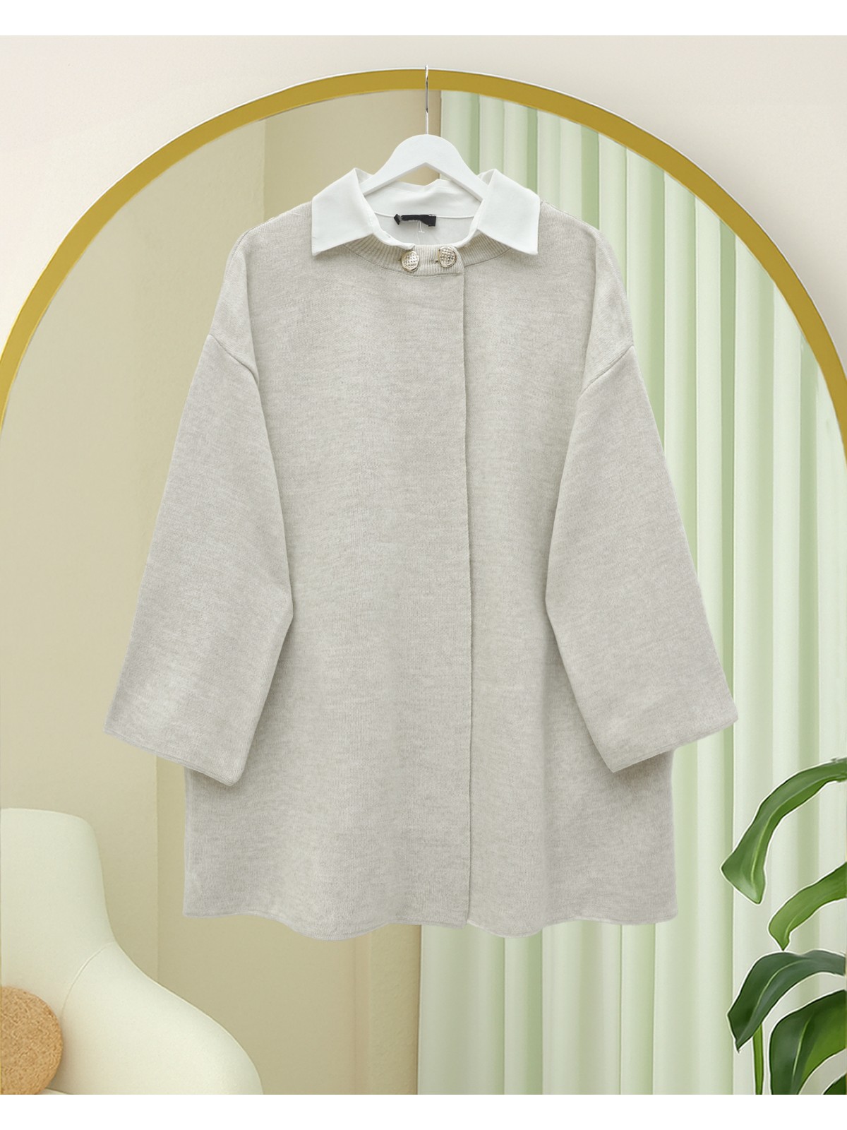 Çift Düğmeli Salaş Triko Panço -Taş