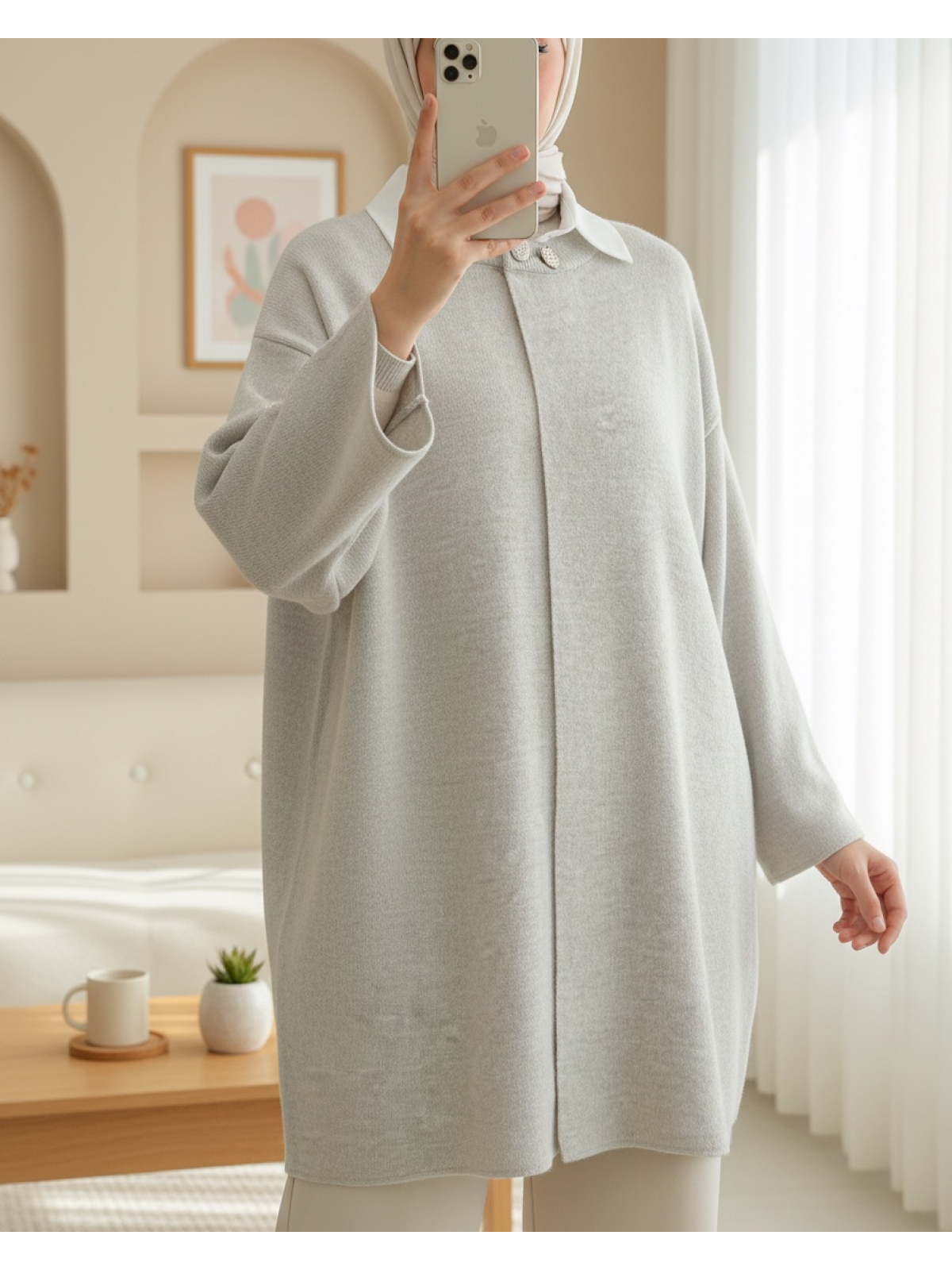 Çift Düğmeli Salaş Triko Panço -Taş