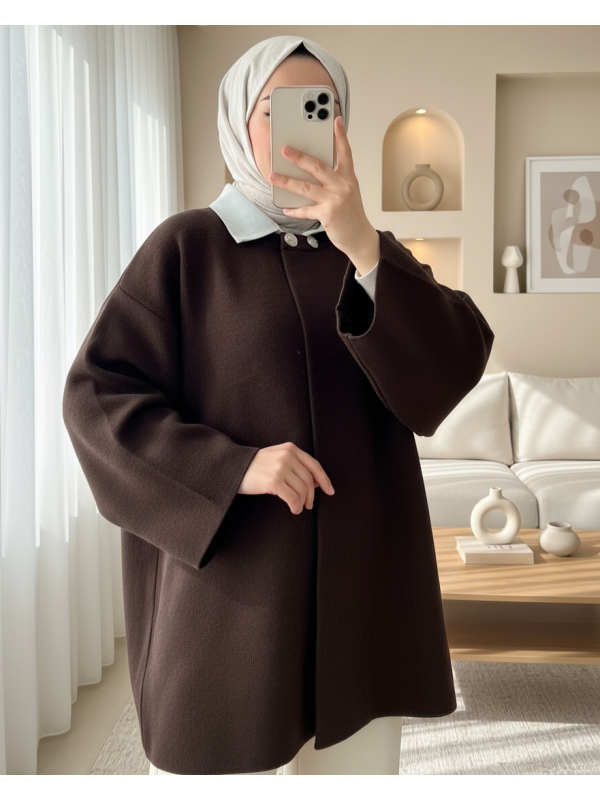 Çift Düğmeli Salaş Triko Panço -K. Kahve