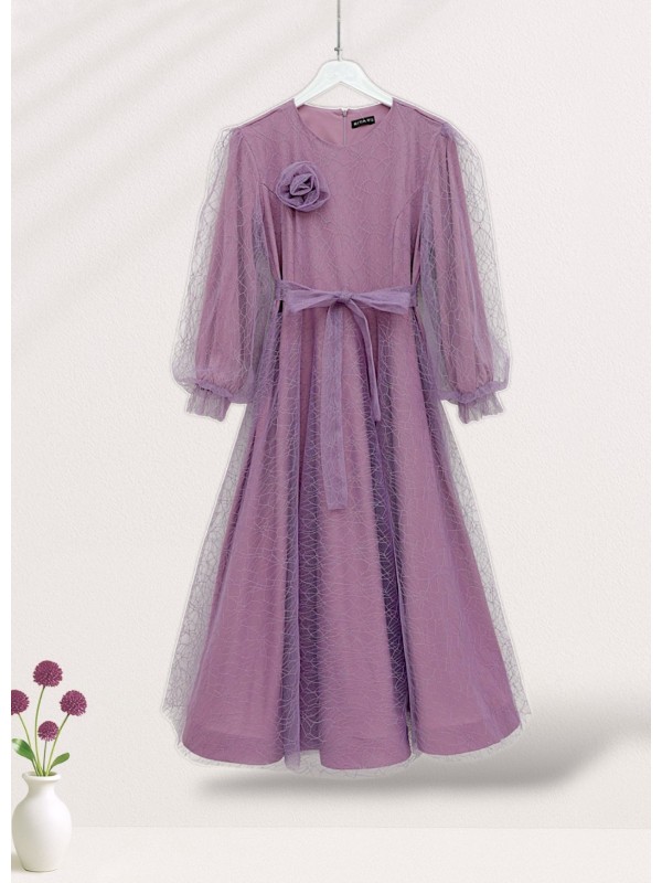 Kolu Lastikli Kuşaklı Simli Kabarık Tül  Abiye -Lila