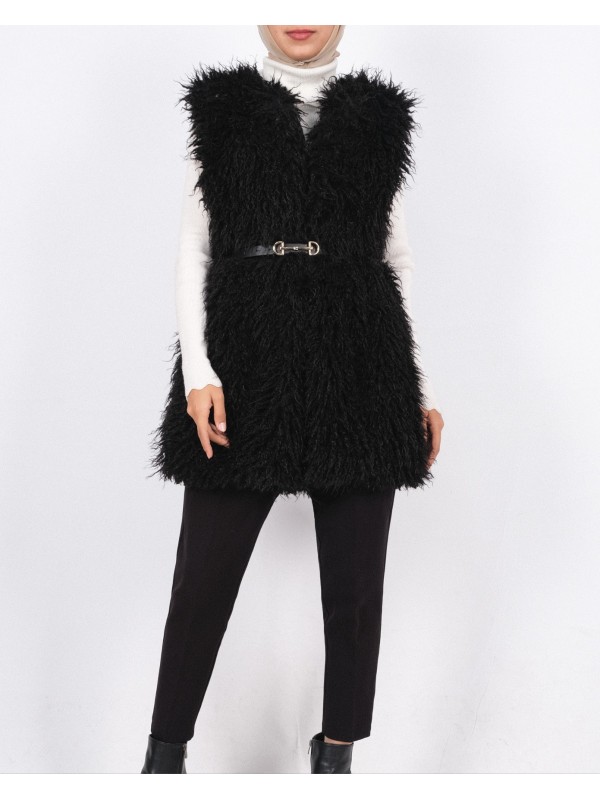 Kemerli Yan Cepli Kürklü Astarlı Yelek -Siyah