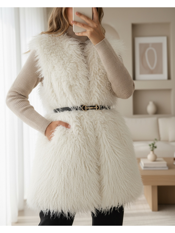 Kemerli Yan Cepli Kürklü Astarlı Yelek -Beyaz